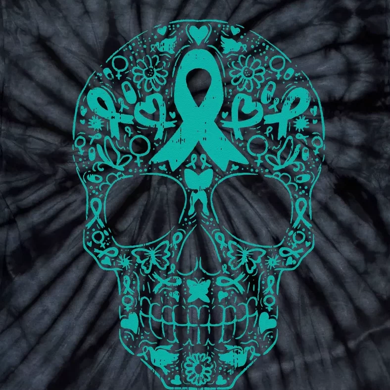 Sugar Skull Teal Ribbon Ovarian Cancer Awareness Mexican Tie-Dye T-Shirt