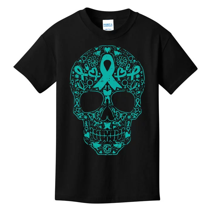 Sugar Skull Teal Ribbon Ovarian Cancer Awareness Mexican Kids T-Shirt