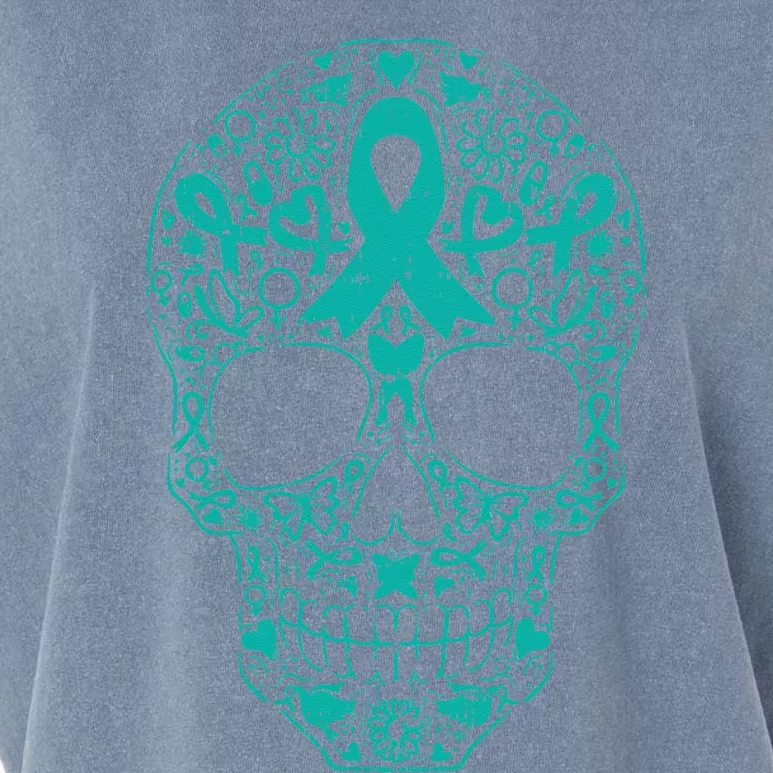 Sugar Skull Teal Ribbon Ovarian Cancer Awareness Mexican Garment-Dyed Women's Muscle Tee