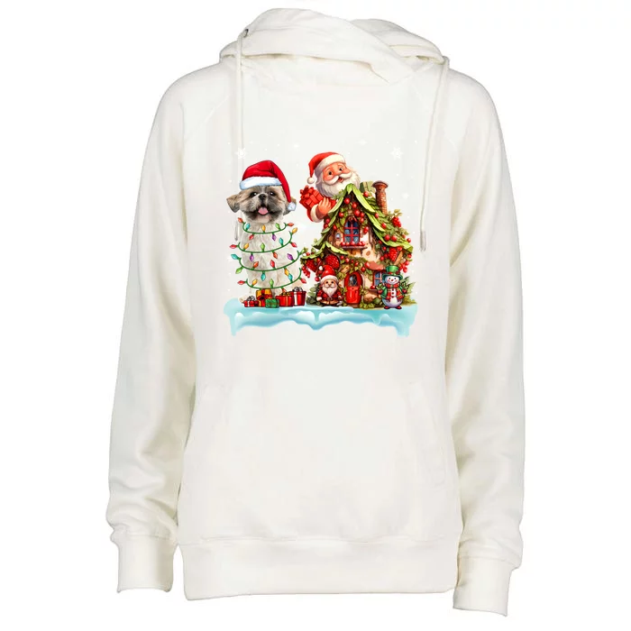 Santa Shih Tzu Funny Santa Gnome Snow Xmas Dog Lover Gift Womens Funnel Neck Pullover Hood