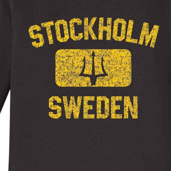 Stockholm Sweden Trident Gym Style Distressed Yellow Baby Long Sleeve Bodysuit