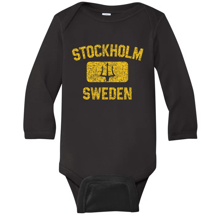 Stockholm Sweden Trident Gym Style Distressed Yellow Baby Long Sleeve Bodysuit