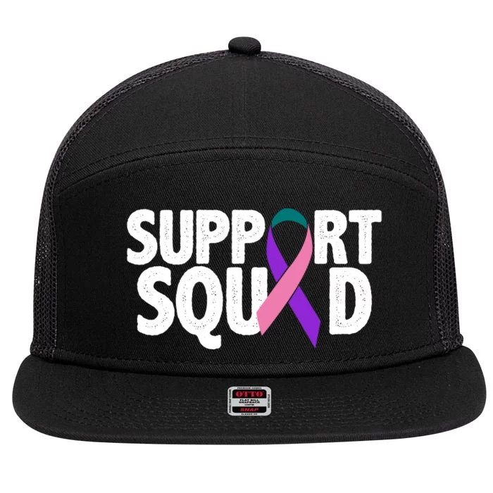 Thyroid Cancer Support Squad Teal Purple Pink Ribbon 7 Panel Mesh Trucker Snapback Hat