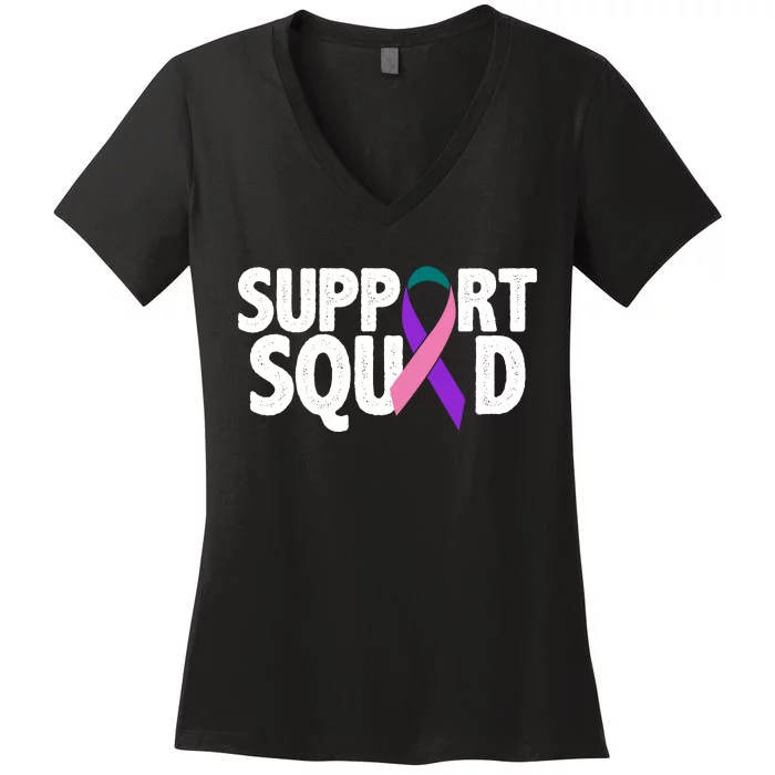 Thyroid Cancer Support Squad Teal Purple Pink Ribbon Women's V-Neck T-Shirt