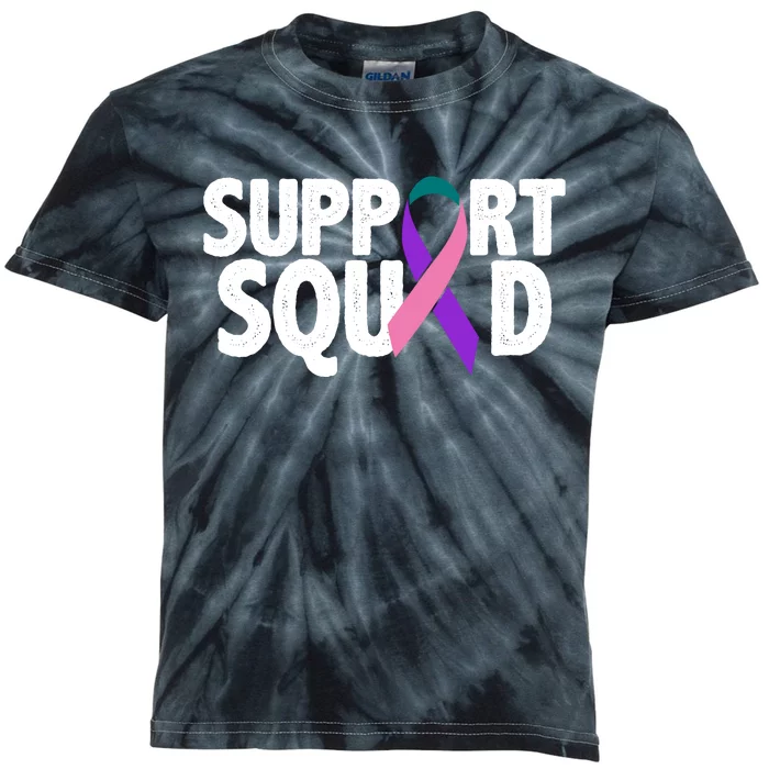 Thyroid Cancer Support Squad Teal Purple Pink Ribbon Kids Tie-Dye T-Shirt