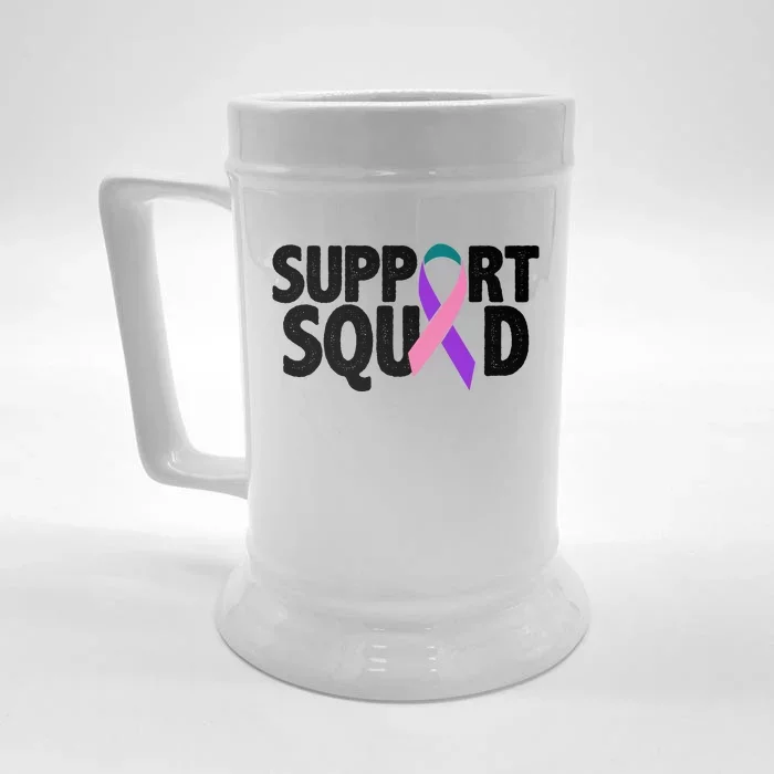 Thyroid Cancer Support Squad Teal Purple Pink Ribbon Front & Back Beer Stein