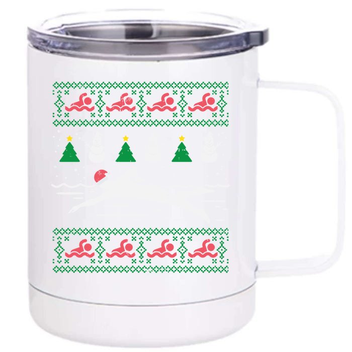 Swimmin Santa Ugly Christmas Sweater Sport Swim Swimmer Gift Front & Back 12oz Stainless Steel Tumbler Cup