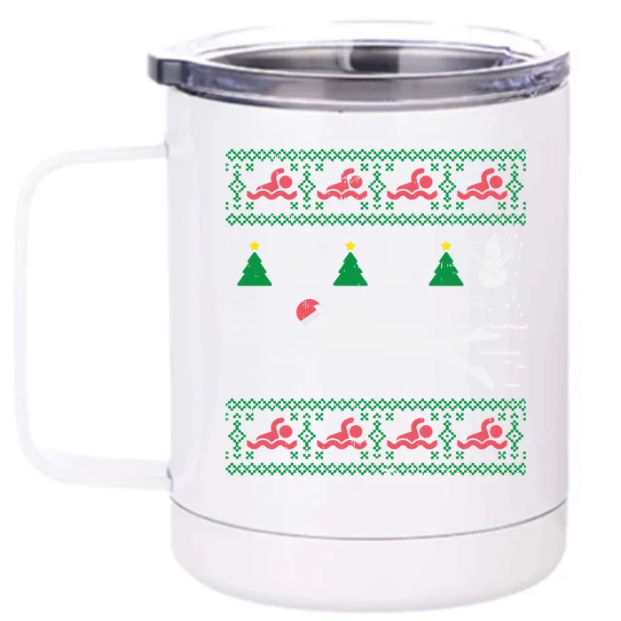 Swimmin Santa Ugly Christmas Sweater Sport Swim Swimmer Gift Front & Back 12oz Stainless Steel Tumbler Cup