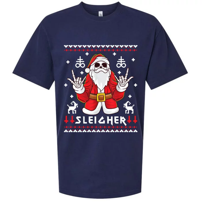 Sleigher Santa Ugly Christmas Skeleton Rock And Roll Gift Sueded Cloud Jersey T-Shirt