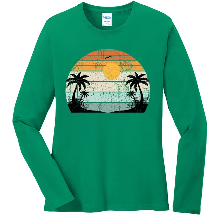 Sunshine Summer Vibes Palm Trees Beach Retro Tropical Summer Ladies Long Sleeve Shirt