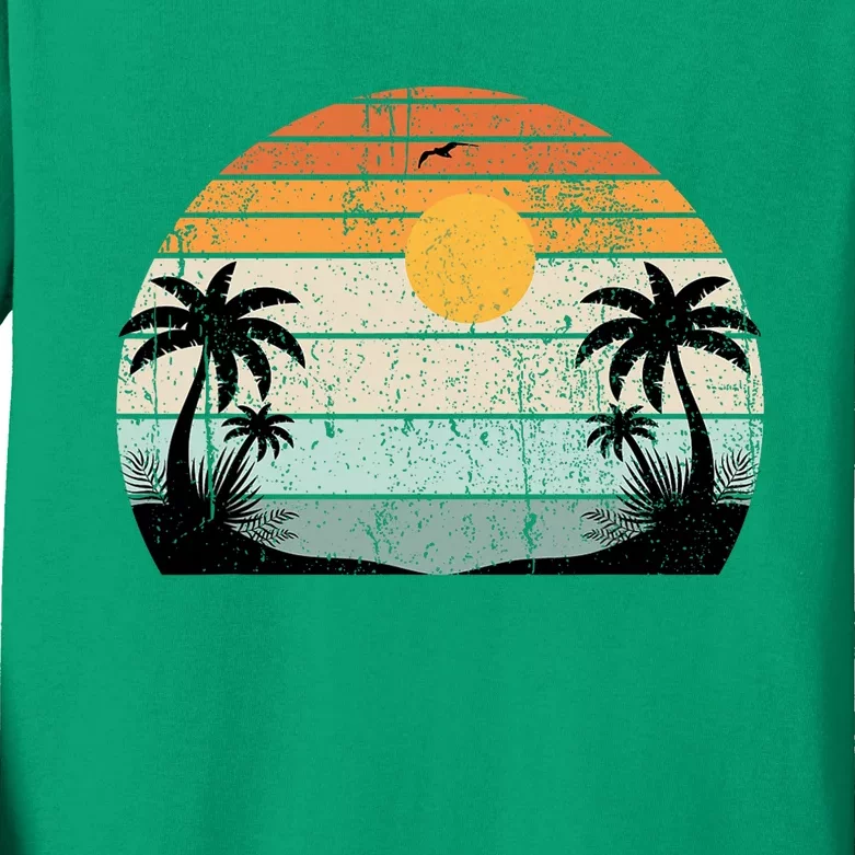 Sunshine Summer Vibes Palm Trees Beach Retro Tropical Summer Kids Long Sleeve Shirt