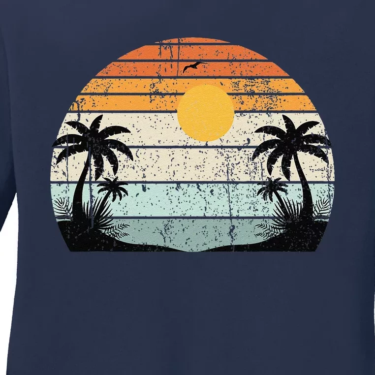 Sunshine Summer Vibes Palm Trees Beach Retro Tropical Summer Ladies Long Sleeve Shirt