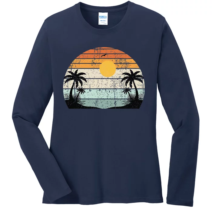 Sunshine Summer Vibes Palm Trees Beach Retro Tropical Summer Ladies Long Sleeve Shirt