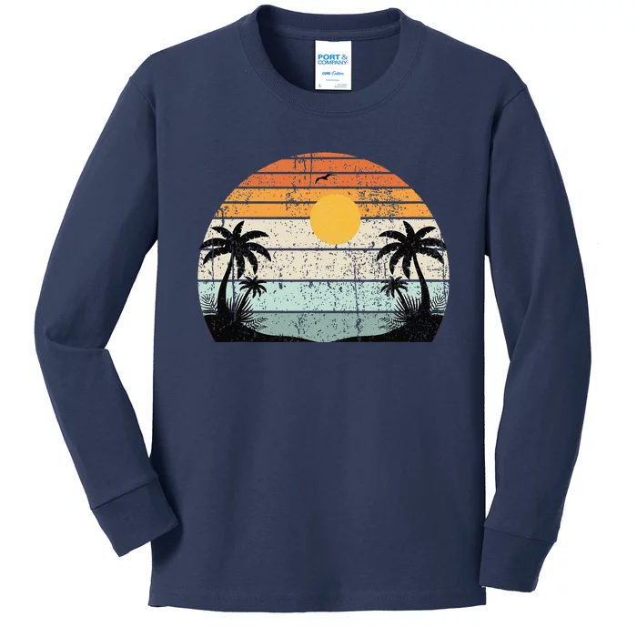 Sunshine Summer Vibes Palm Trees Beach Retro Tropical Summer Kids Long Sleeve Shirt