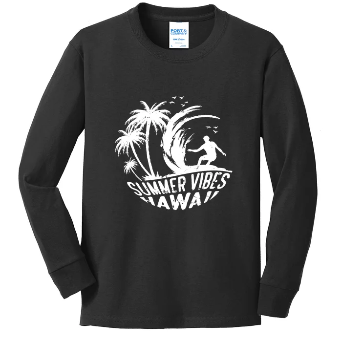 Surfing Summer Vibes Hawaii Surfing Vintage Gift Kids Long Sleeve Shirt