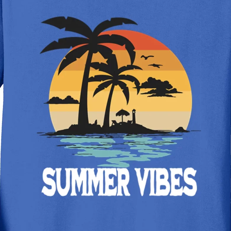 Sunny Summer Vibes Top With Palm Trees And Waves Family Trip Cool Gift Kids Long Sleeve Shirt