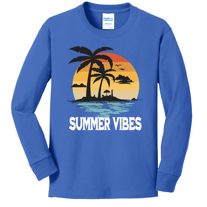 Sunny Summer Vibes Top With Palm Trees And Waves Family Trip Cool Gift Kids Long Sleeve Shirt