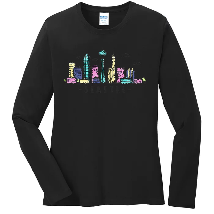 Seattle Skyline Washington PNW Vintage Ladies Long Sleeve Shirt