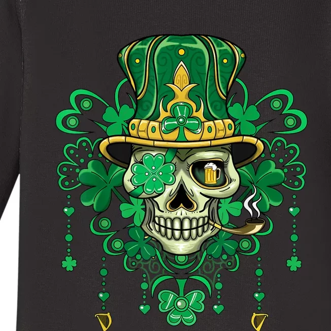 Sugar Skull Wearing Irish Leprechaun Hat St. PatrickS Day Baby Long Sleeve Bodysuit