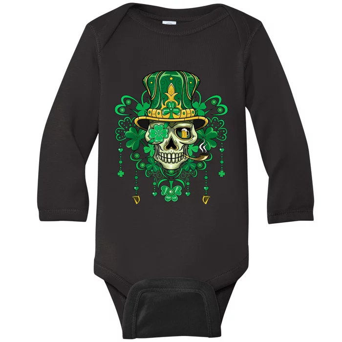 Sugar Skull Wearing Irish Leprechaun Hat St. PatrickS Day Baby Long Sleeve Bodysuit