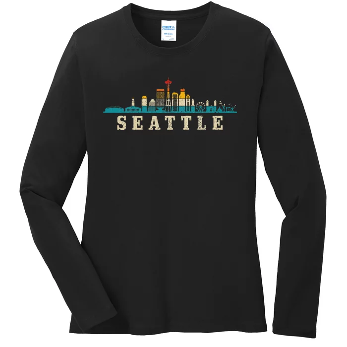 Seattle Skyline Washington Vintage Pride Retro Ladies Long Sleeve Shirt