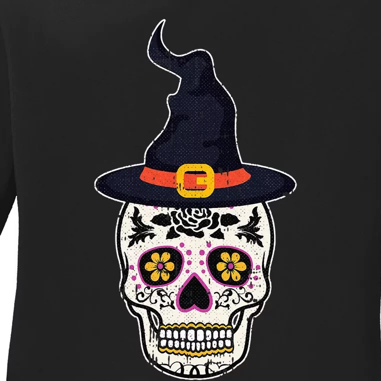 Sugar Skull Witch Lazy Halloween Costume Dia De Los Muertos Ladies Long Sleeve Shirt