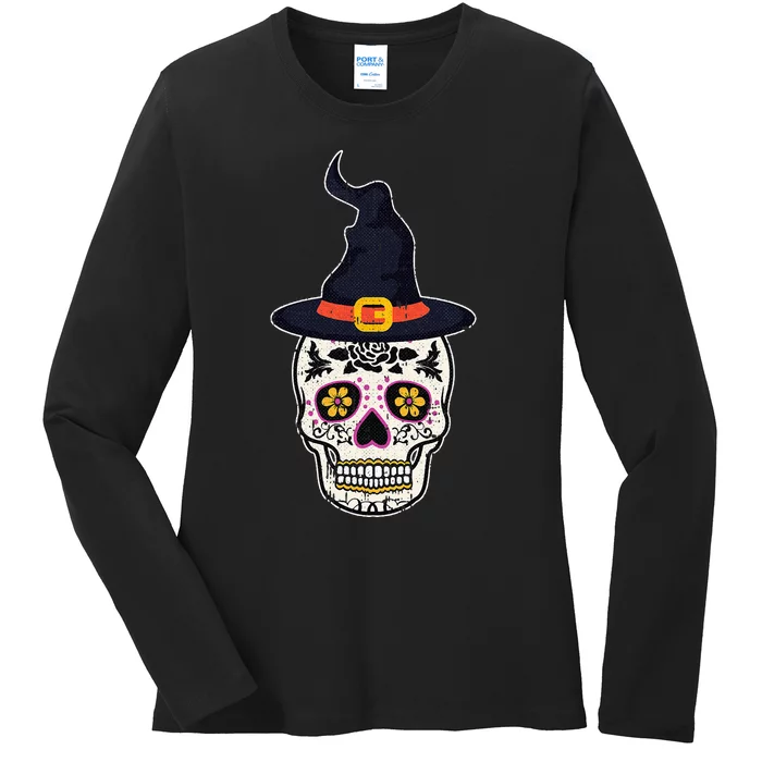 Sugar Skull Witch Lazy Halloween Costume Dia De Los Muertos Ladies Long Sleeve Shirt