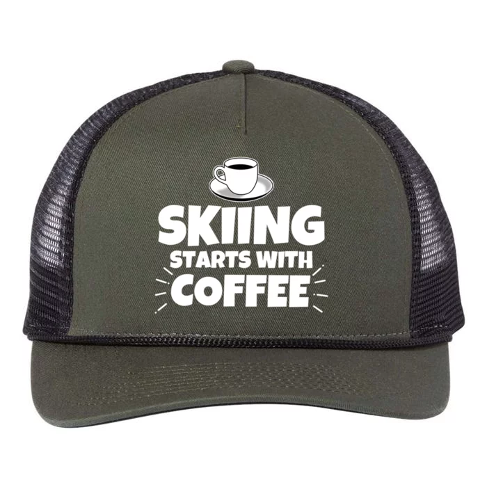 Skiing Starts With Coffee Funny Funny Gift Retro Rope Trucker Hat Cap