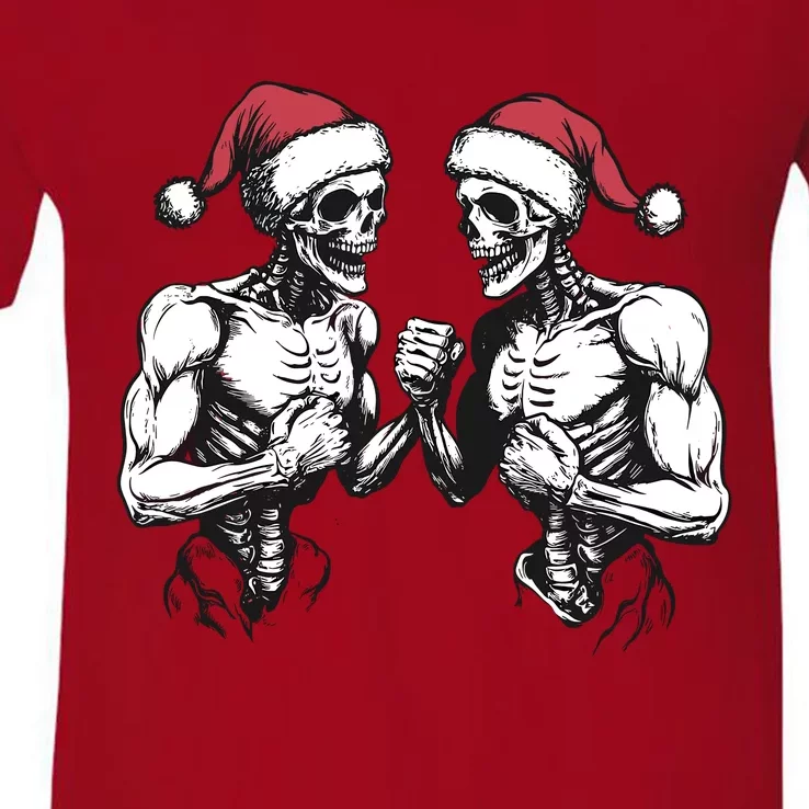 Santa Skeleton Wrestling Wrestler Halloween Christmas Xmas V-Neck T-Shirt