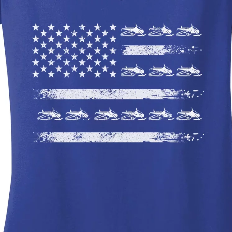 Snowmobile Sledding Winter Snow Us Flag Snowmobiling Gift Women's V-Neck T-Shirt