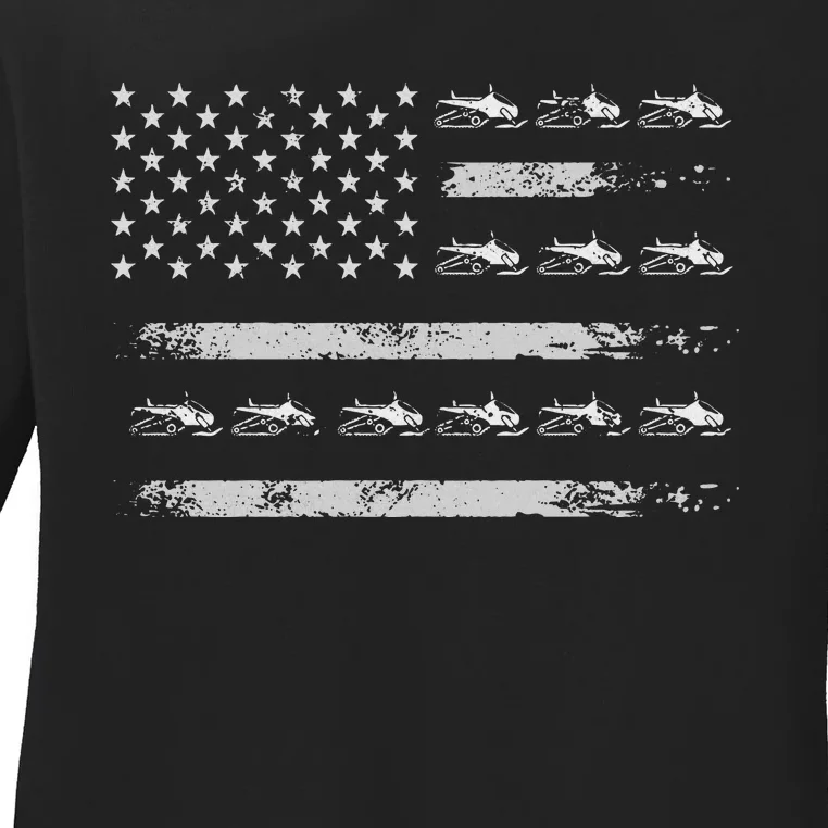 Snowmobile Sledding Winter Snow US Flag Snowmobiling Ladies Long Sleeve Shirt