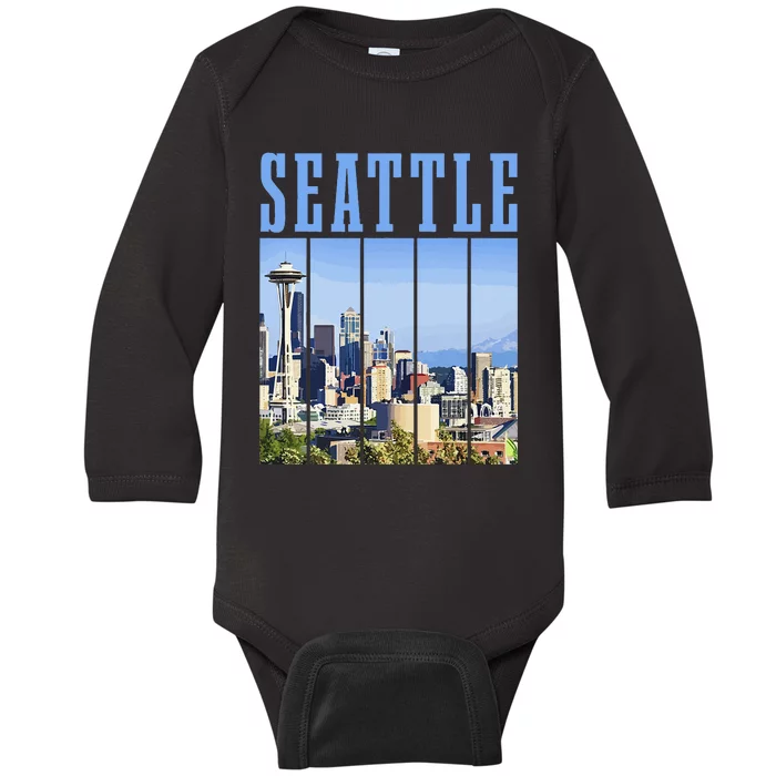 Seattle Skyline Washington Vintage Pride Baby Long Sleeve Bodysuit