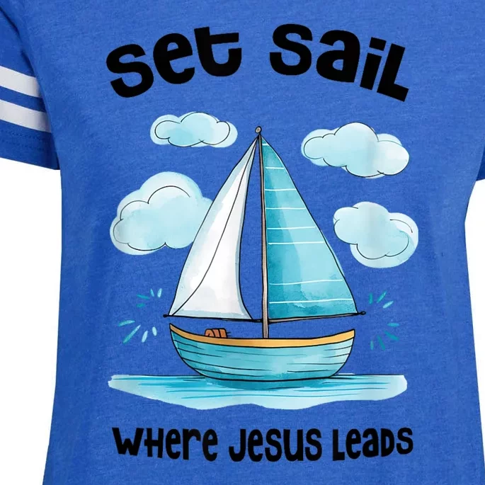 Set Sail Where Jesus Leads Enza Ladies Jersey Football T-Shirt