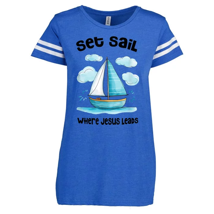 Set Sail Where Jesus Leads Enza Ladies Jersey Football T-Shirt