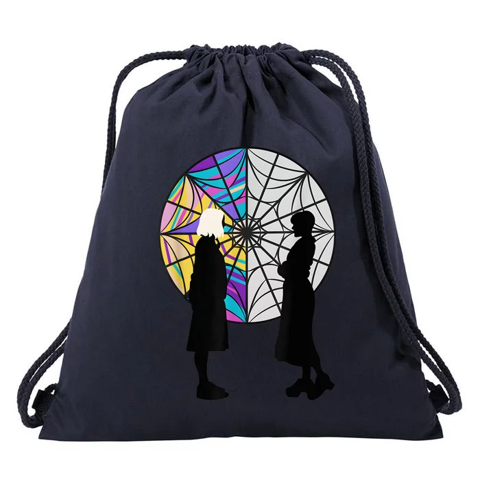 Silhouettes Spiderweb Window Wednesday And Enid Drawstring Bag