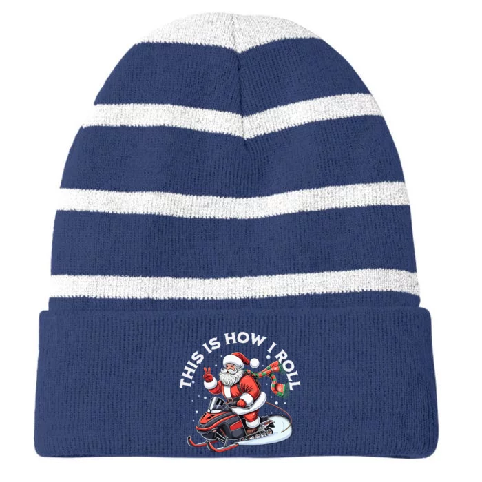 Santa Snowmobiling Xmas Funny Winter Holiday Christmas Striped Beanie with Solid Band