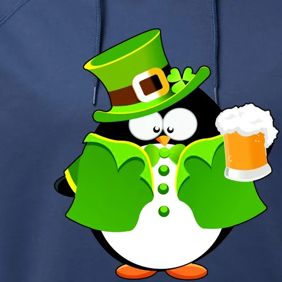 St. Patrack's Day Funny Penguin Drinking Beer Performance Fleece Hoodie