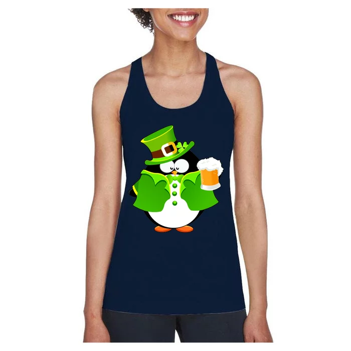 St. Patrack's Day Funny Penguin Drinking Beer Women's Racerback Tank