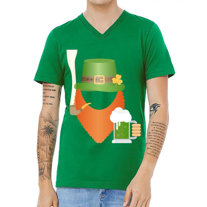 St. Patrack's Day Hipster Leprechaun Orange Beard Smoking Pipe V-Neck T-Shirt