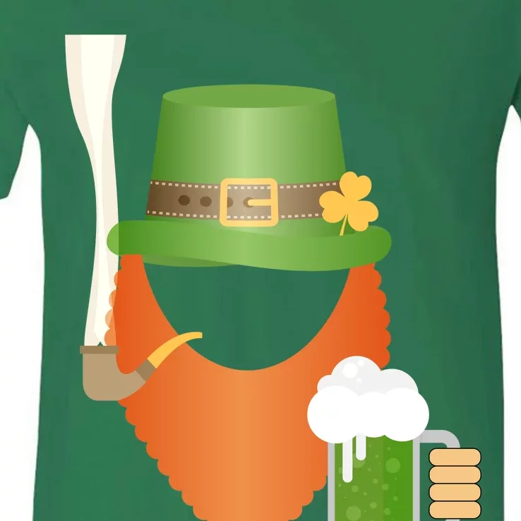 St. Patrack's Day Hipster Leprechaun Orange Beard Smoking Pipe V-Neck T-Shirt