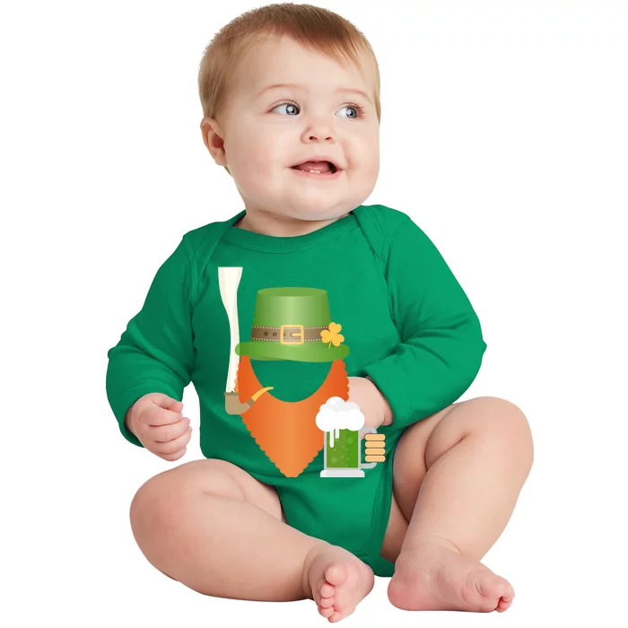 St. Patrack's Day Hipster Leprechaun Orange Beard Smoking Pipe Baby Long Sleeve Bodysuit