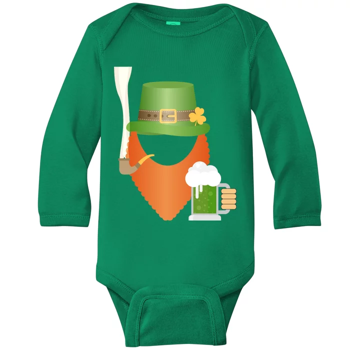 St. Patrack's Day Hipster Leprechaun Orange Beard Smoking Pipe Baby Long Sleeve Bodysuit