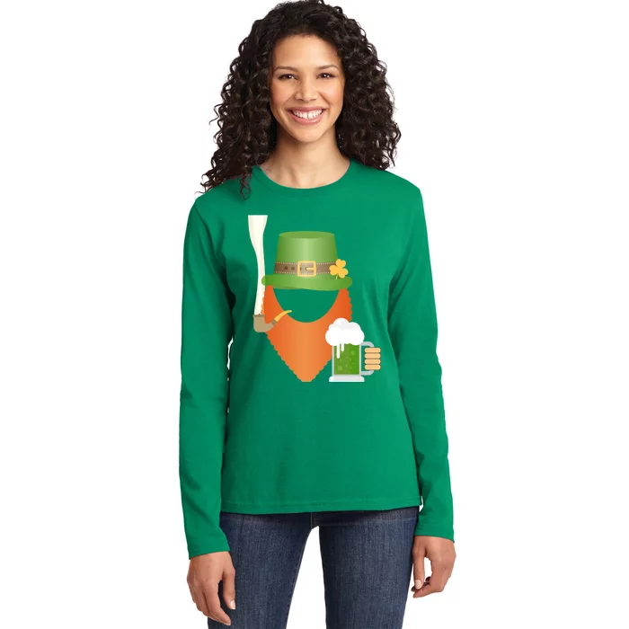 St. Patrack's Day Hipster Leprechaun Orange Beard Smoking Pipe Ladies Long Sleeve Shirt