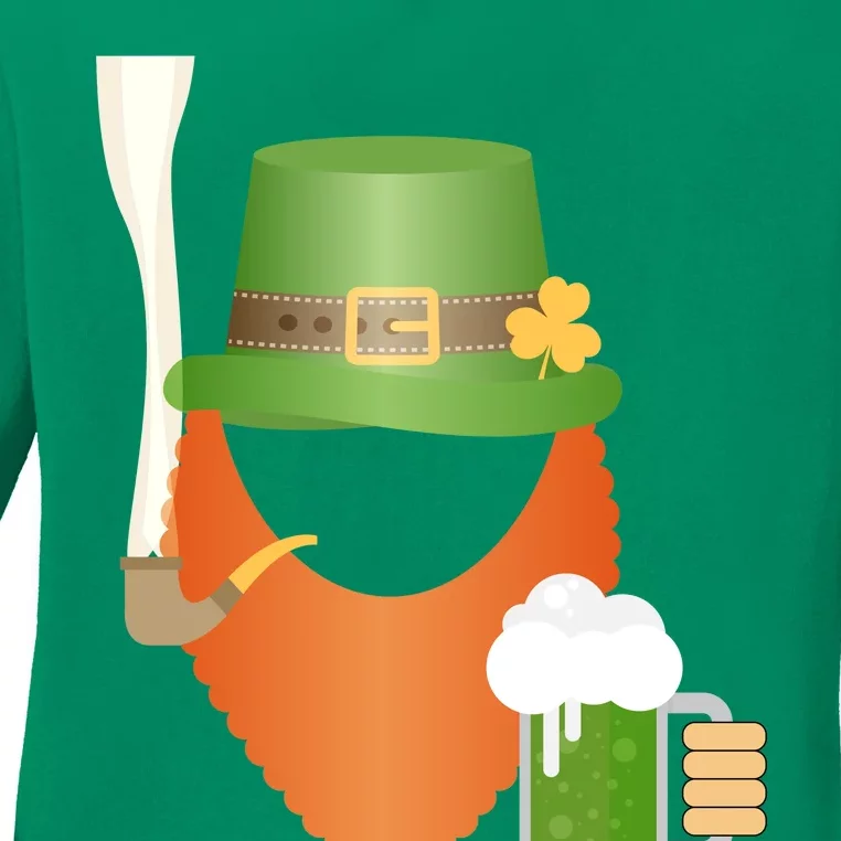 St. Patrack's Day Hipster Leprechaun Orange Beard Smoking Pipe Ladies Long Sleeve Shirt