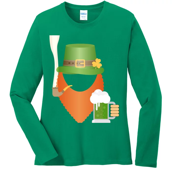 St. Patrack's Day Hipster Leprechaun Orange Beard Smoking Pipe Ladies Long Sleeve Shirt