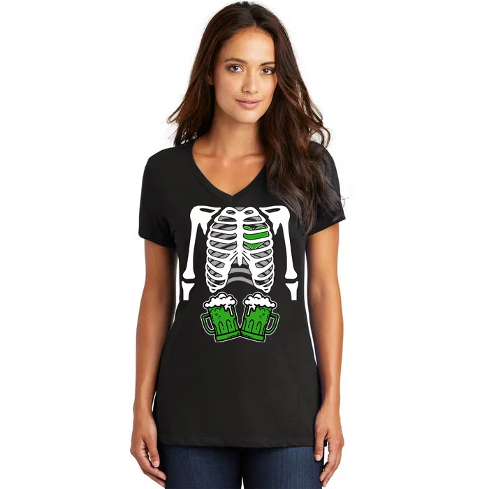 St. Patrick's Day Beer Rib Cage Skeleton Women's V-Neck T-Shirt