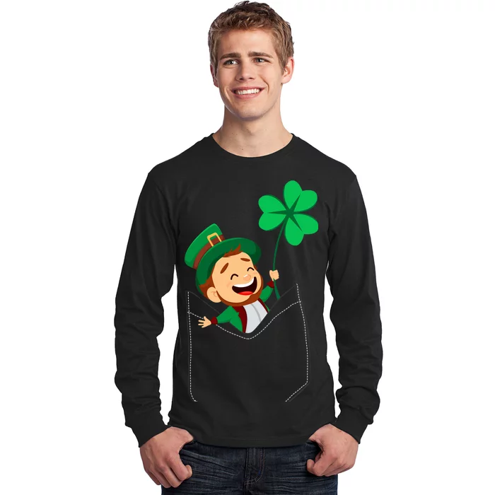 St. Patrick's Day Pocket Leprechaun Clover Long Sleeve Shirt