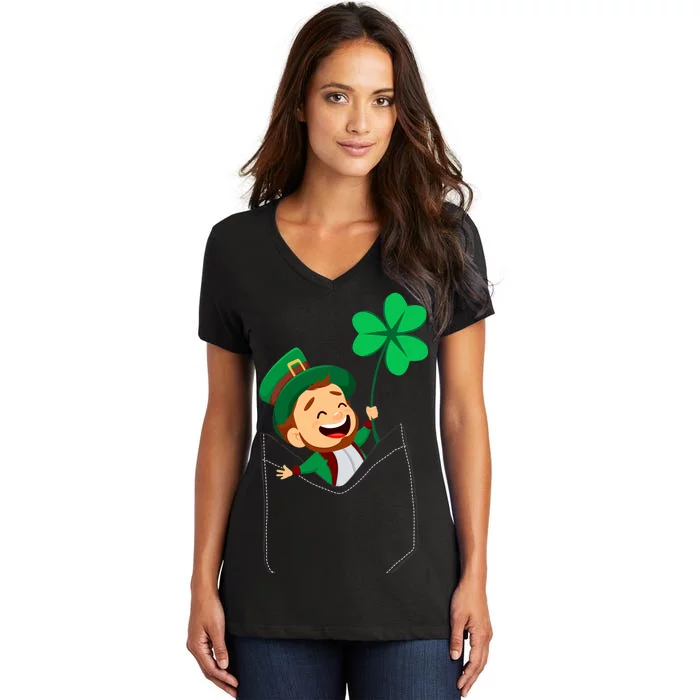 St. Patrick's Day Pocket Leprechaun Clover Women's V-Neck T-Shirt