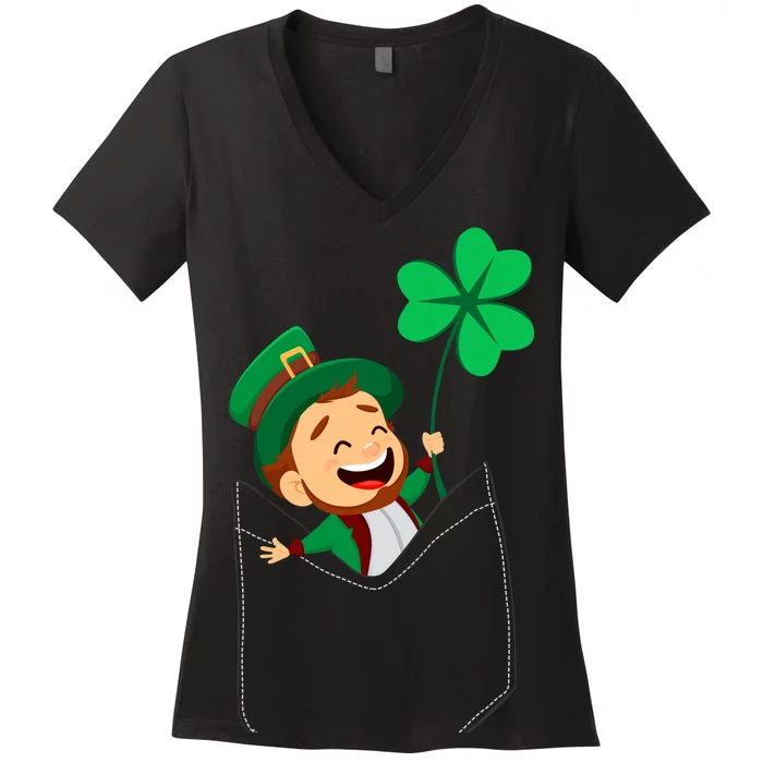 St. Patrick's Day Pocket Leprechaun Clover Women's V-Neck T-Shirt