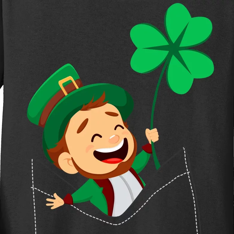 St. Patrick's Day Pocket Leprechaun Clover Kids Long Sleeve Shirt